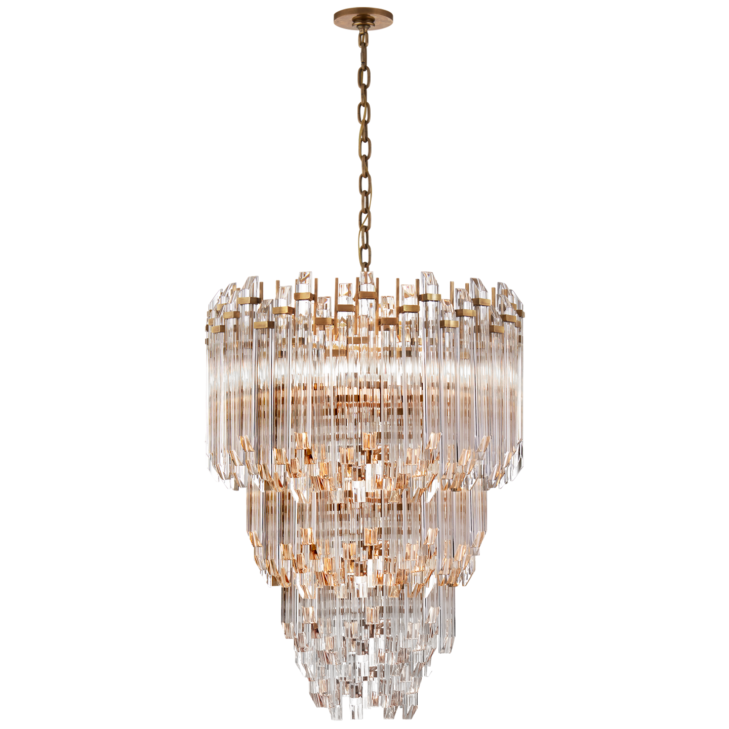 Adele Three-Tier Waterfall Chandelier in Hand-Rubbed Antique Brass with Clear Acrylic